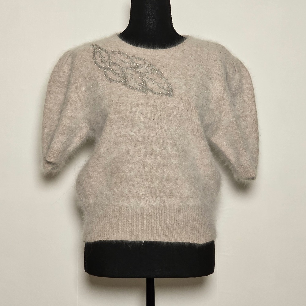 SANHO Knit Wear 80% Angora Beaded Puff-Sleeve Sweater – Vintage Soft Beige